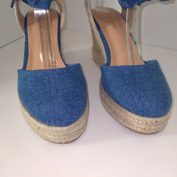 BAMBOO Denim Blue Ankle Tie Up Espadrille Wedges Host Pick - Picture 3 of 7